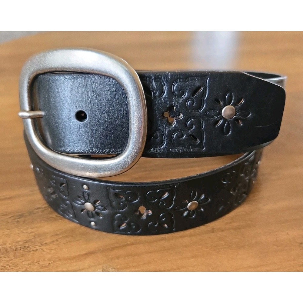 Ladies Genuine Leather Laser Cut Studded Floral Embossed Belt Black/Silver Large